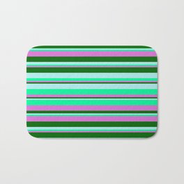 [ Thumbnail: Turquoise, Green, Orchid & Dark Green Colored Striped/Lined Pattern Bath Mat ]
