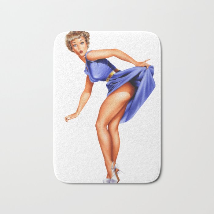 Sexy Blonde Vintage Pinup In Blue Dress Bath Mat
