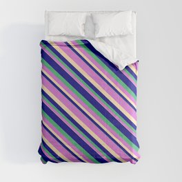[ Thumbnail: Blue, Sea Green, Orchid, and Beige Colored Striped/Lined Pattern Comforter ]