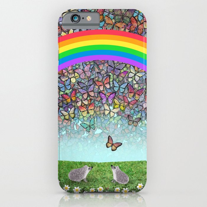 rainbow, butterflies, hedgehogs, & daisies iPhone Case