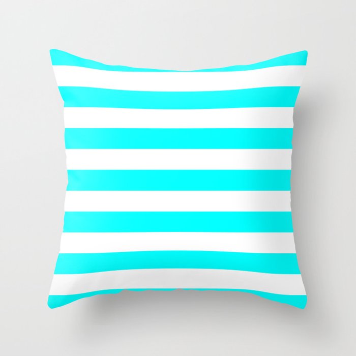 Horizontal Stripes (Aqua Cyan/White) Throw Pillow