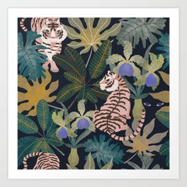 Pattern with tigers and leaves 2 Art Print