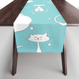 White Cats on blue background with polka dots Table Runner