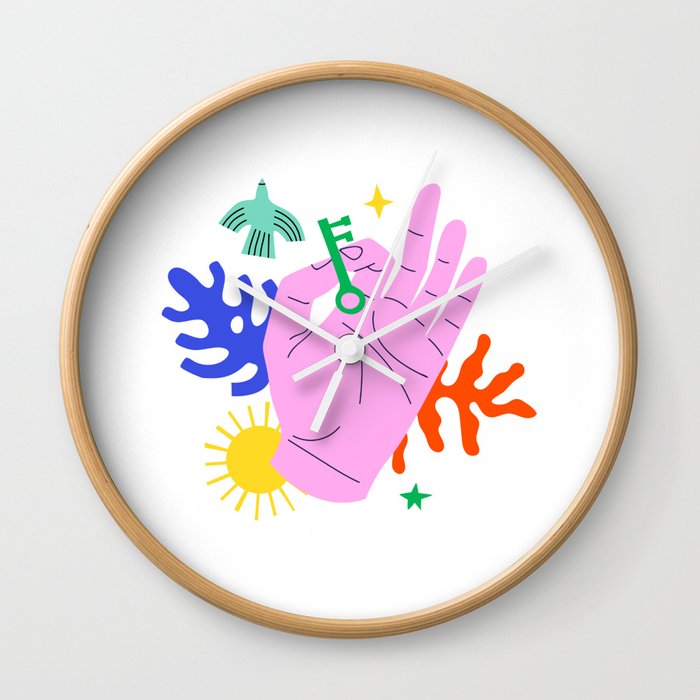 Abstract cartoon nature art of human hand with plant leaf Wall Clock