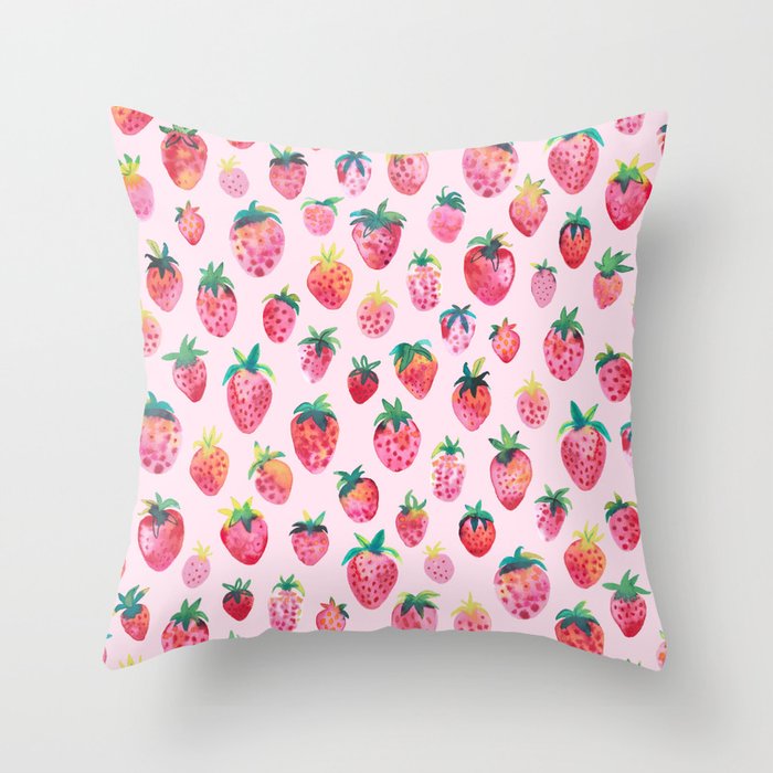 Strawberries Watercolor fruits pattern Cotton candy Pink Throw Pillow