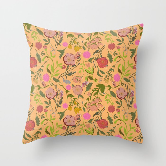 Scattered Floral Garden with Butterflies and Dragonflies in a Warm Yellow Throw Pillow