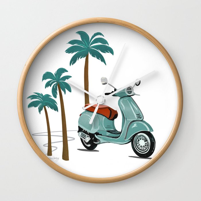 Vespa & Palm Trees - Sage by Linda Sholberg Wall Clock