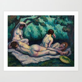 Bathers, Oil on Canvas, Splendor in the Grass women lounging riverside landscape painting by Roger Grillon Art Print