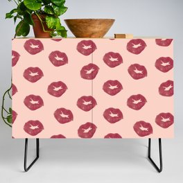 Cute Kisses Red Lips On Pink Background Pattern Credenza