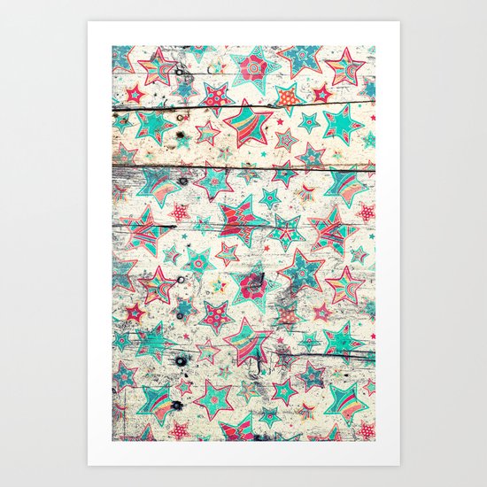 Grunge Stars on Shabby Chic White Painted Wood Art Print