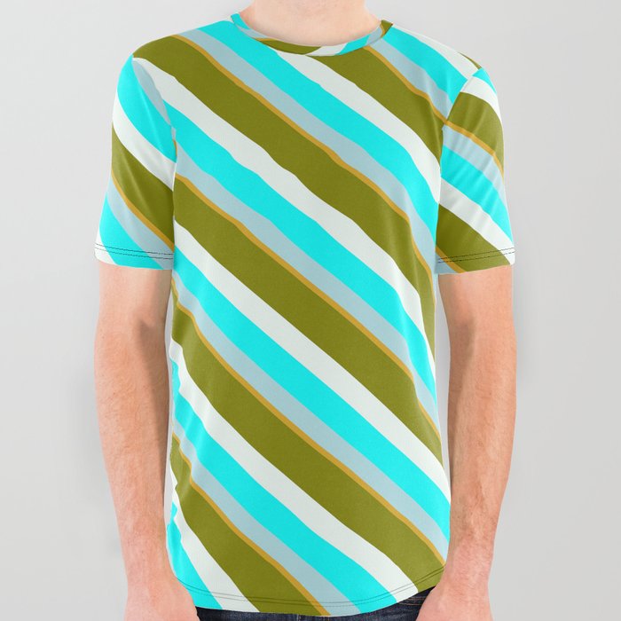 Eye-catching Green, Mint Cream, Aqua, Powder Blue, and Goldenrod Colored Striped/Lined Pattern All Over Graphic Tee