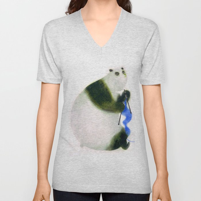 "Un panda tricote..." Book cover V Neck T Shirt