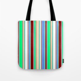 [ Thumbnail: Vibrant Green, Cornflower Blue, Tan, Maroon, and White Colored Lines Pattern Tote Bag ]