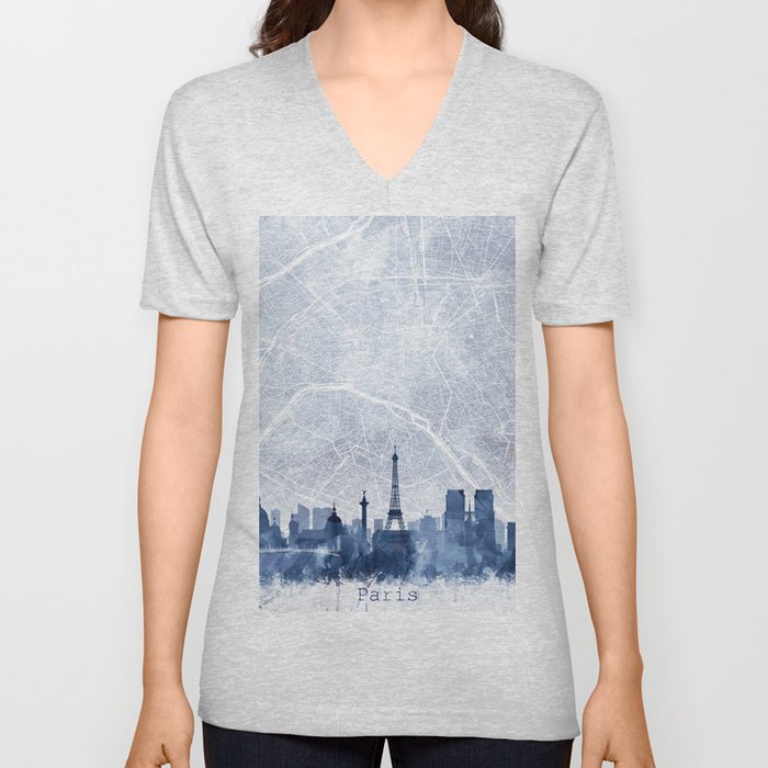 Paris Skyline Map Watercolor Navy Blue, Print by Zouzounio Art V Neck T Shirt
