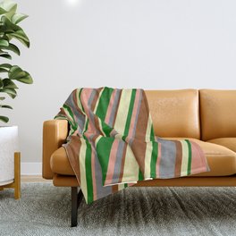 [ Thumbnail: Colorful Grey, Brown, Pale Goldenrod, Dark Green & Dark Salmon Colored Lined/Striped Pattern Throw Blanket ]