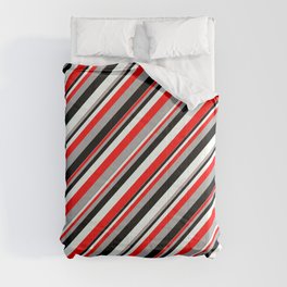 [ Thumbnail: Red, Dark Grey, Black, and Mint Cream Colored Lined Pattern Comforter ]