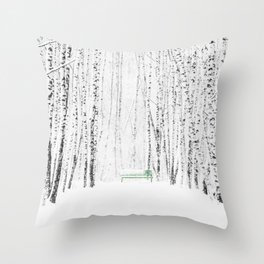 Green bench in white winter forest Throw Pillow