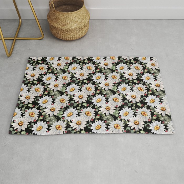Nature pattern with Daisies, clovers and ladybugs on a black background Rug