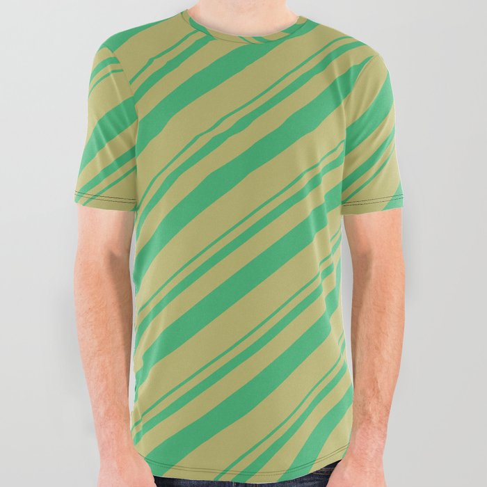 Sea Green and Dark Khaki Colored Lined/Striped Pattern All Over Graphic Tee