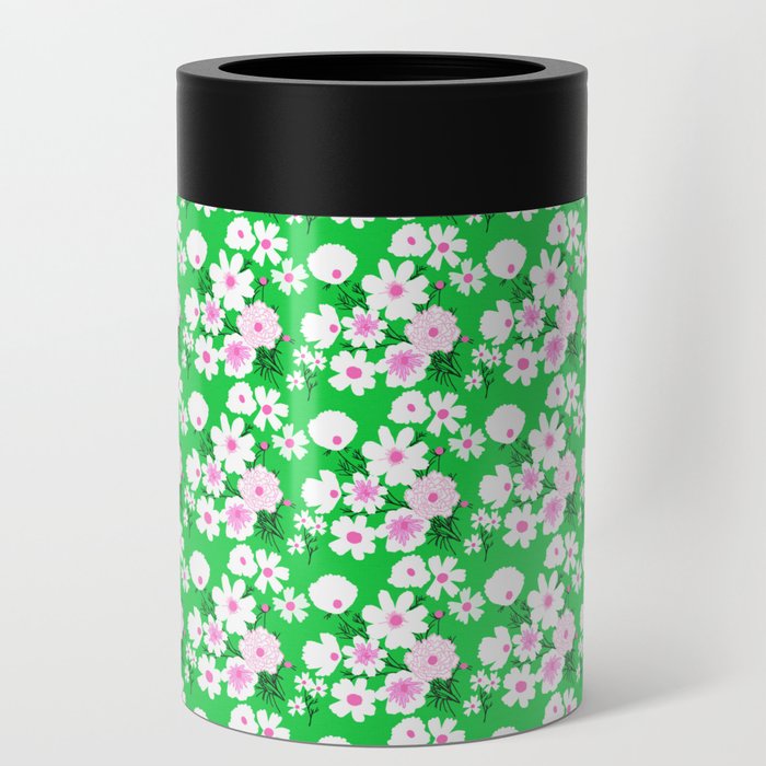 Retro Modern Wildflower Fields Green and Pink Can Cooler