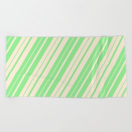 [ Thumbnail: Light Green & Beige Colored Stripes Pattern Beach Towel ]