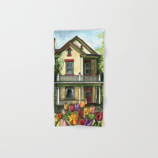 Farmhouse with Spring Tulips Hand & Bath Towel
