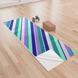 [ Thumbnail: Eye-catching Teal, Purple, Lavender, Dark Blue, and Aquamarine Colored Pattern of Stripes Yoga Towel ]