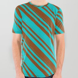 [ Thumbnail: Dark Turquoise & Brown Colored Lines/Stripes Pattern All Over Graphic Tee ]
