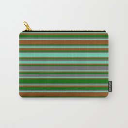 [ Thumbnail: Brown, Dark Green, Dim Grey & Aquamarine Colored Lined/Striped Pattern Carry-All Pouch ]