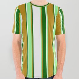 [ Thumbnail: Dark Goldenrod, Green, White & Dark Green Colored Striped Pattern All Over Graphic Tee ]