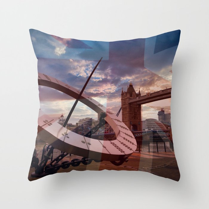 Sundial with tower bridge and faded Union Jack Throw Pillow