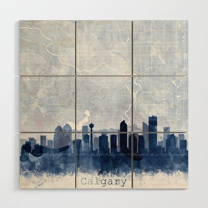 Calgary Skyline & Map Watercolor Navy Blue, Print by Zouzounio Art Wood Wall Art