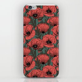 Poppy garden in coral, brown and pine green iPhone Skin