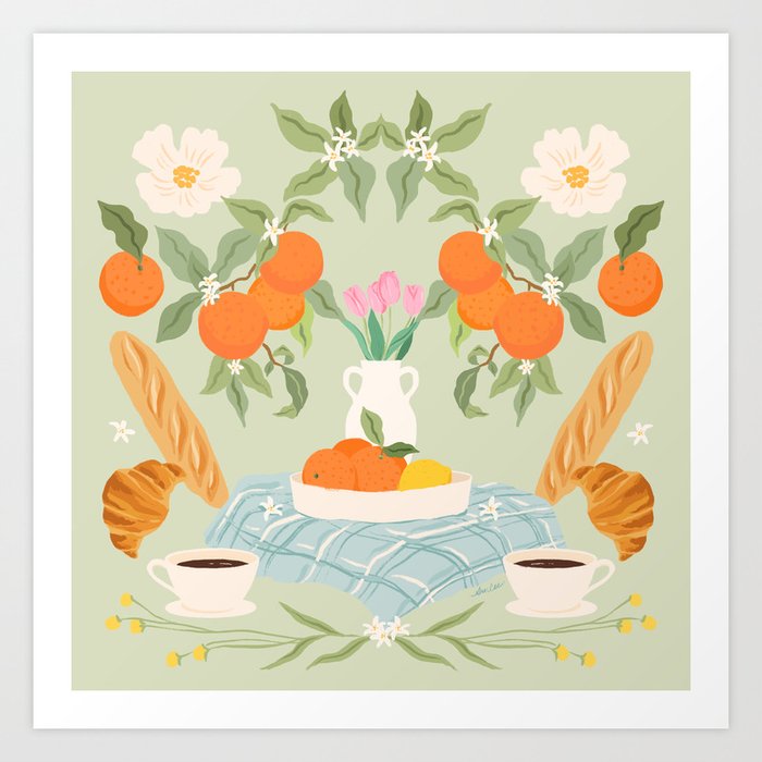 Breakfast and Flowers olive Art Print