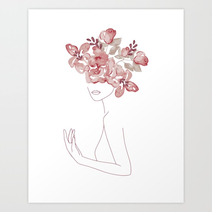 Minimal Line Art Woman With Watercolor Flowers Wreath Art Print