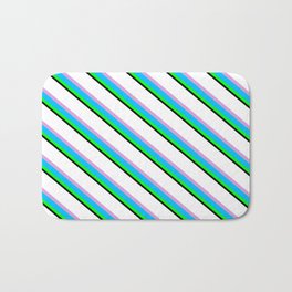 [ Thumbnail: Vibrant White, Plum, Deep Sky Blue, Lime & Black Colored Stripes Pattern Bath Mat ]