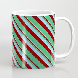[ Thumbnail: Sky Blue, Dark Red & Sea Green Colored Striped Pattern Coffee Mug ]