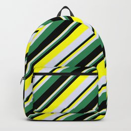 [ Thumbnail: Sea Green, Black, Yellow, and Lavender Colored Stripes Pattern Backpack ]