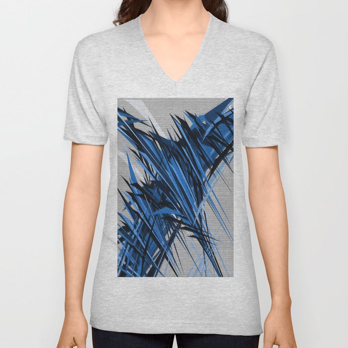 Blue Black and Grey Scratchy Background. V Neck T Shirt