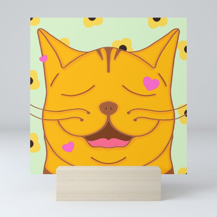 Happy Orange Ginger Cat On Lime Green With Yellow Flowers Mini Art Print