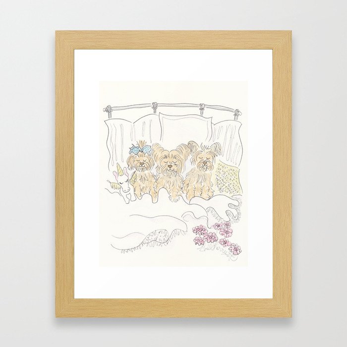 Sweet Yorkie Dogs Cuddle in Bed  Framed Art Print