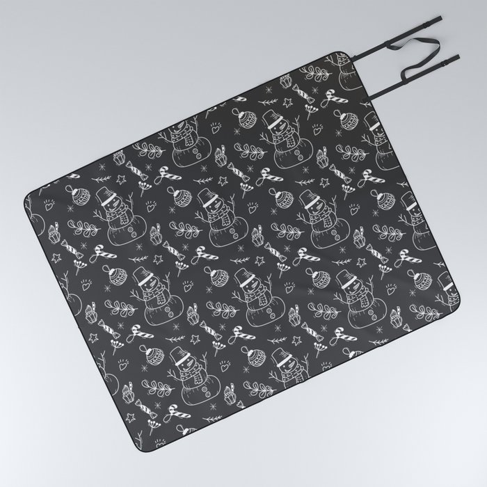 Dark Grey and White Christmas Snowman Doodle Pattern Picnic Blanket