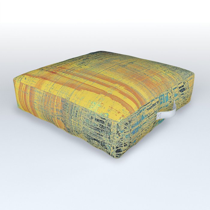 Abstract vintage background with grunge effects, ragged elements, and different color patterns: yellow (beige); red (orange); blue; black; cyan Outdoor Floor Cushion