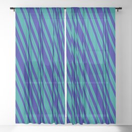 [ Thumbnail: Dark Blue and Dark Cyan Colored Lined/Striped Pattern Sheer Curtain ]