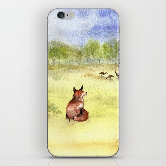 Red Fox Watching Wild Turkeys - Watercolor iPhone Skin