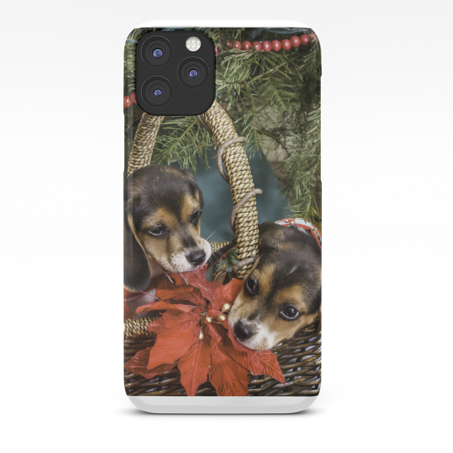 Naughty Beagle Puppies Nibbling On Christmas Decorations Iphone