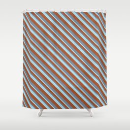 [ Thumbnail: Sienna, Light Slate Gray & Light Blue Colored Lines/Stripes Pattern Shower Curtain ]