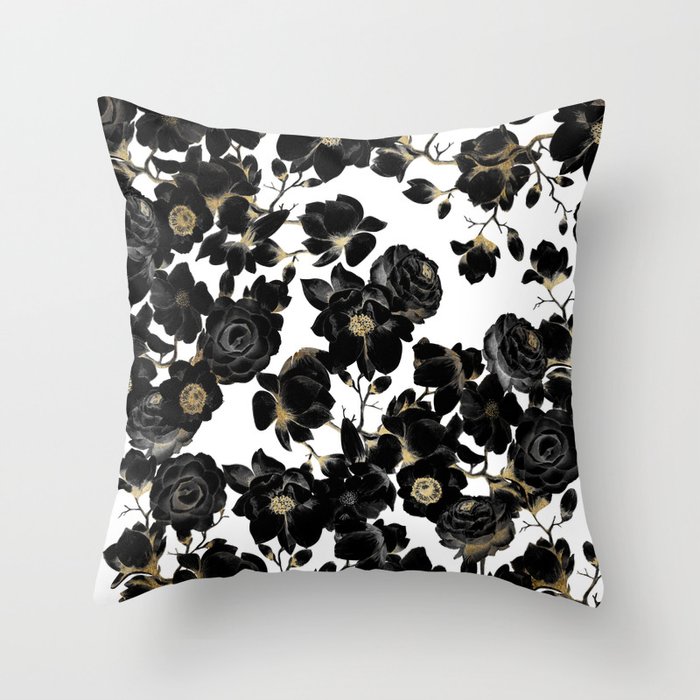 Modern Elegant Black White and Gold Floral Pattern Throw Pillow