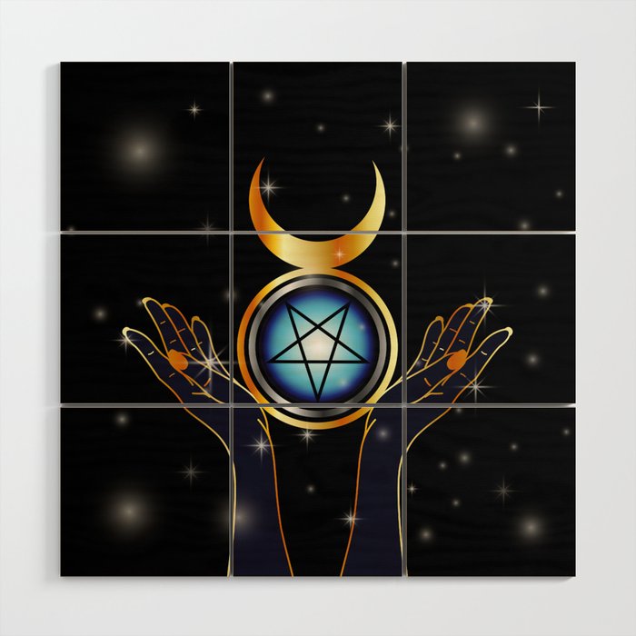 Triple Goddess symbol and hands holding an inverted pentacle Wood Wall Art