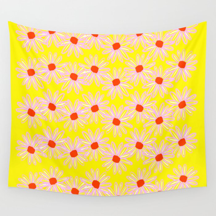 Cheerful Modern Inked Easter May Spring Flowers Yellow And Red Retro Ditzy Pattern Wall Tapestry